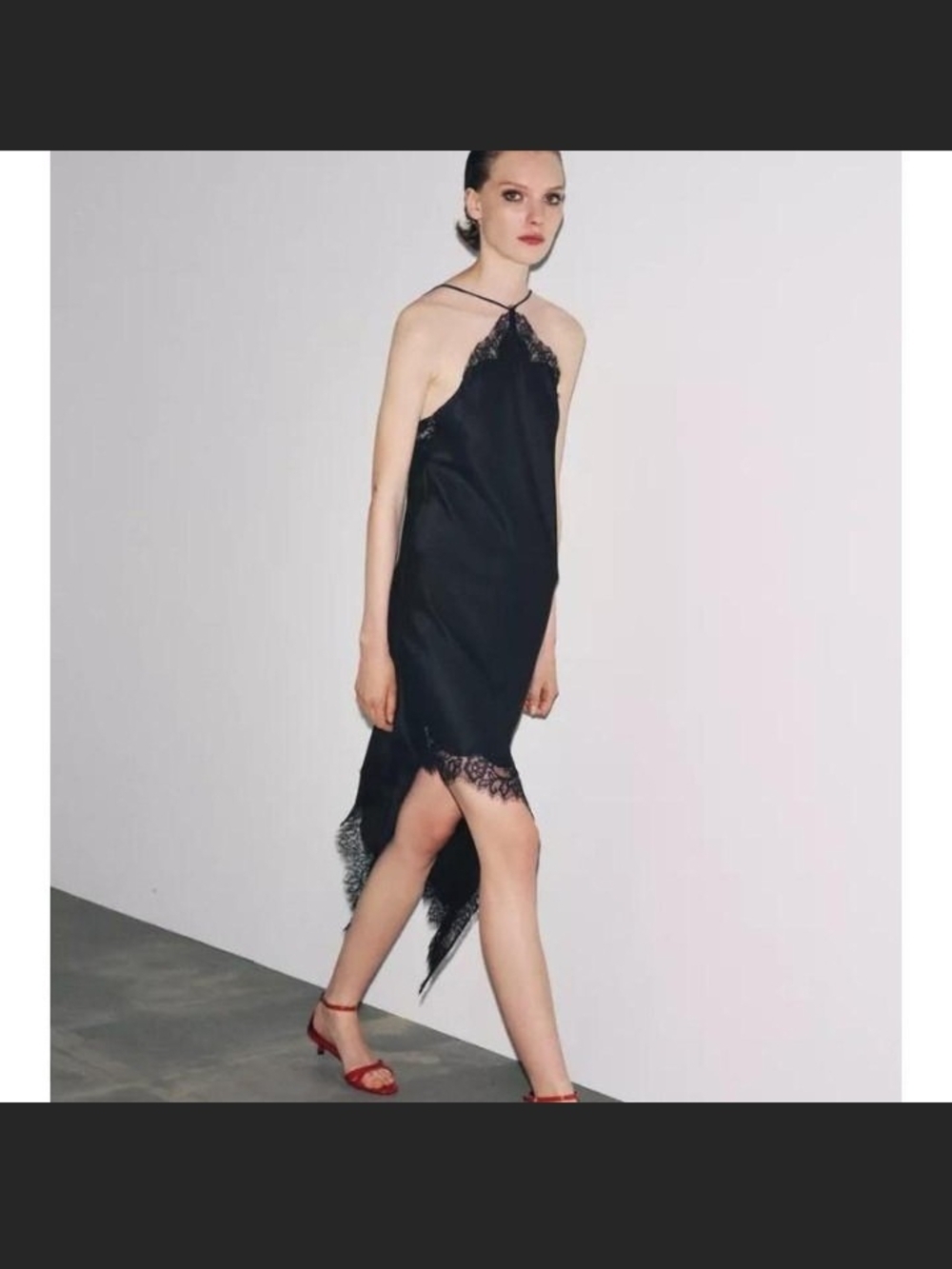 Zara Black Asymmetrical Lace-Trim Slip Dress - Picture 2 of 7